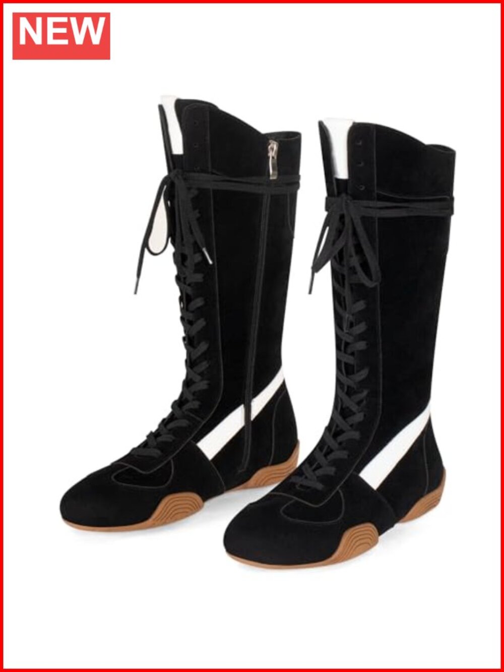 Faux Suede Lace Up Knee High Boxing Boots Side Zipper Non-Slip Sole